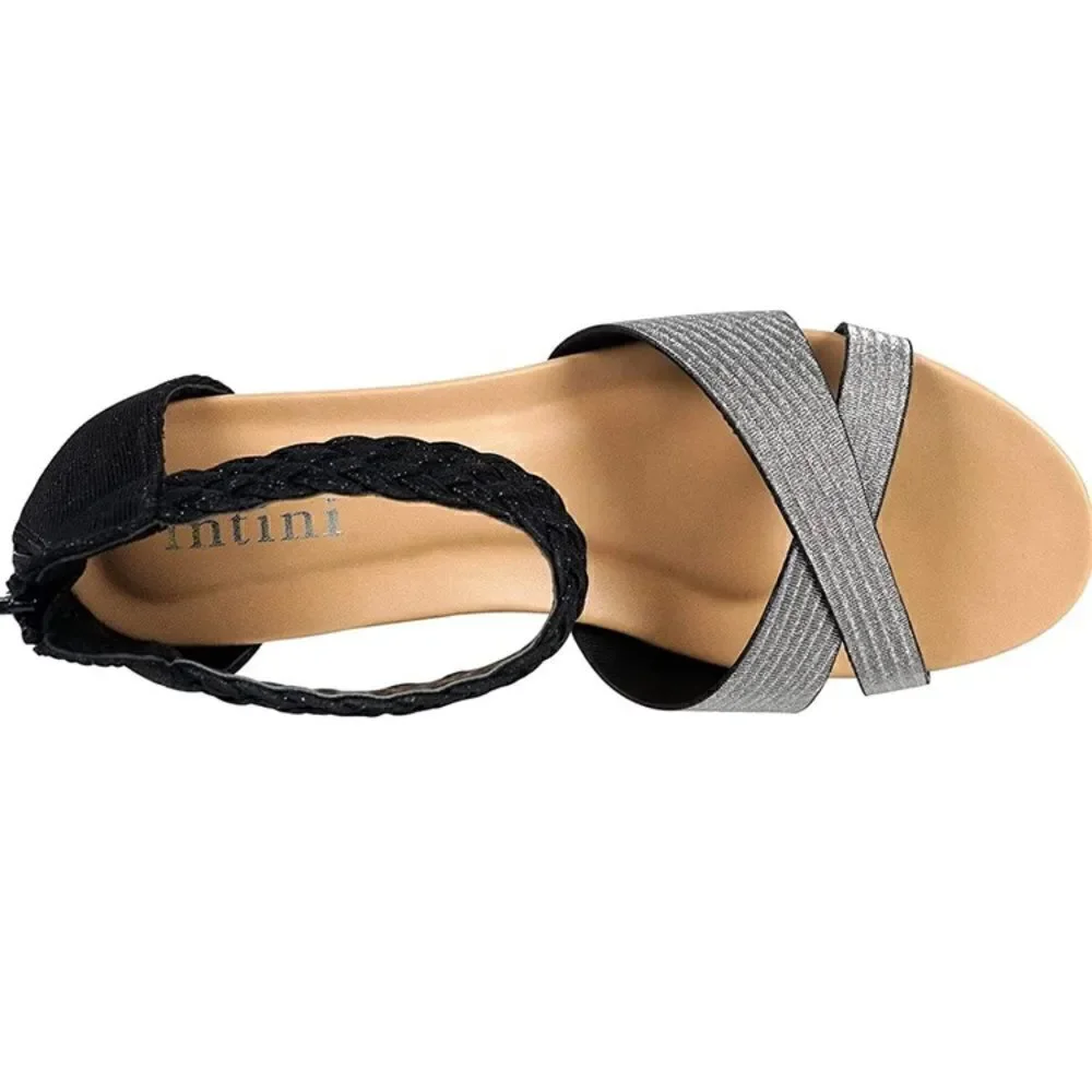 Intini Leather Silver Braided Ankle Strap Low Wedge Sandals